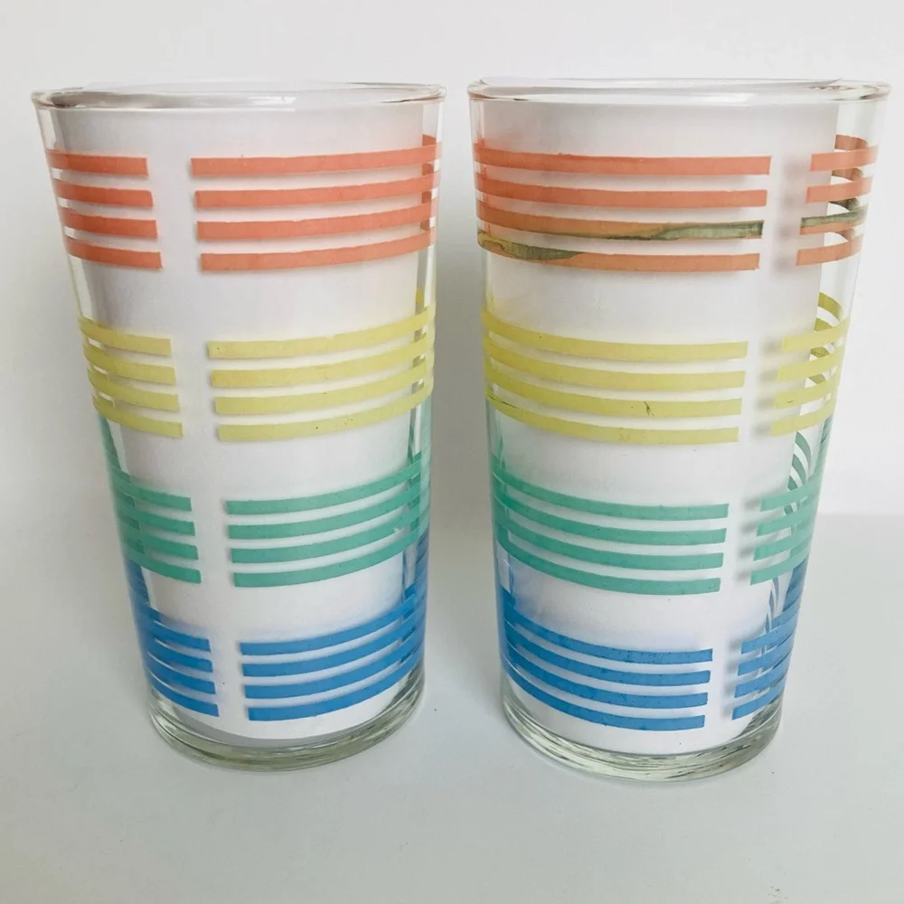 Pastel Striped Bands Tumbler Glasses Vintage MacBeth Evans? Petalware 4 1/2